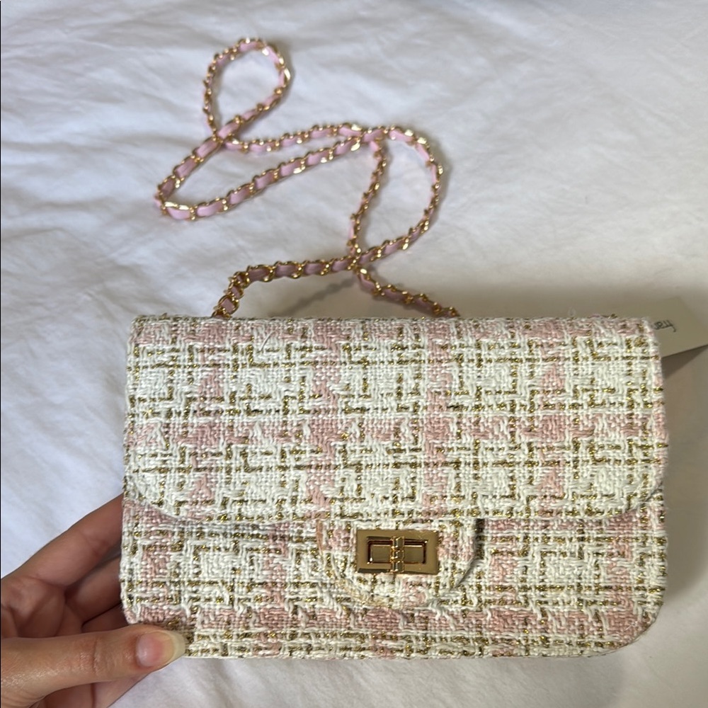 Chic Pink, Cream and Gold Tweed Crossbody Purse